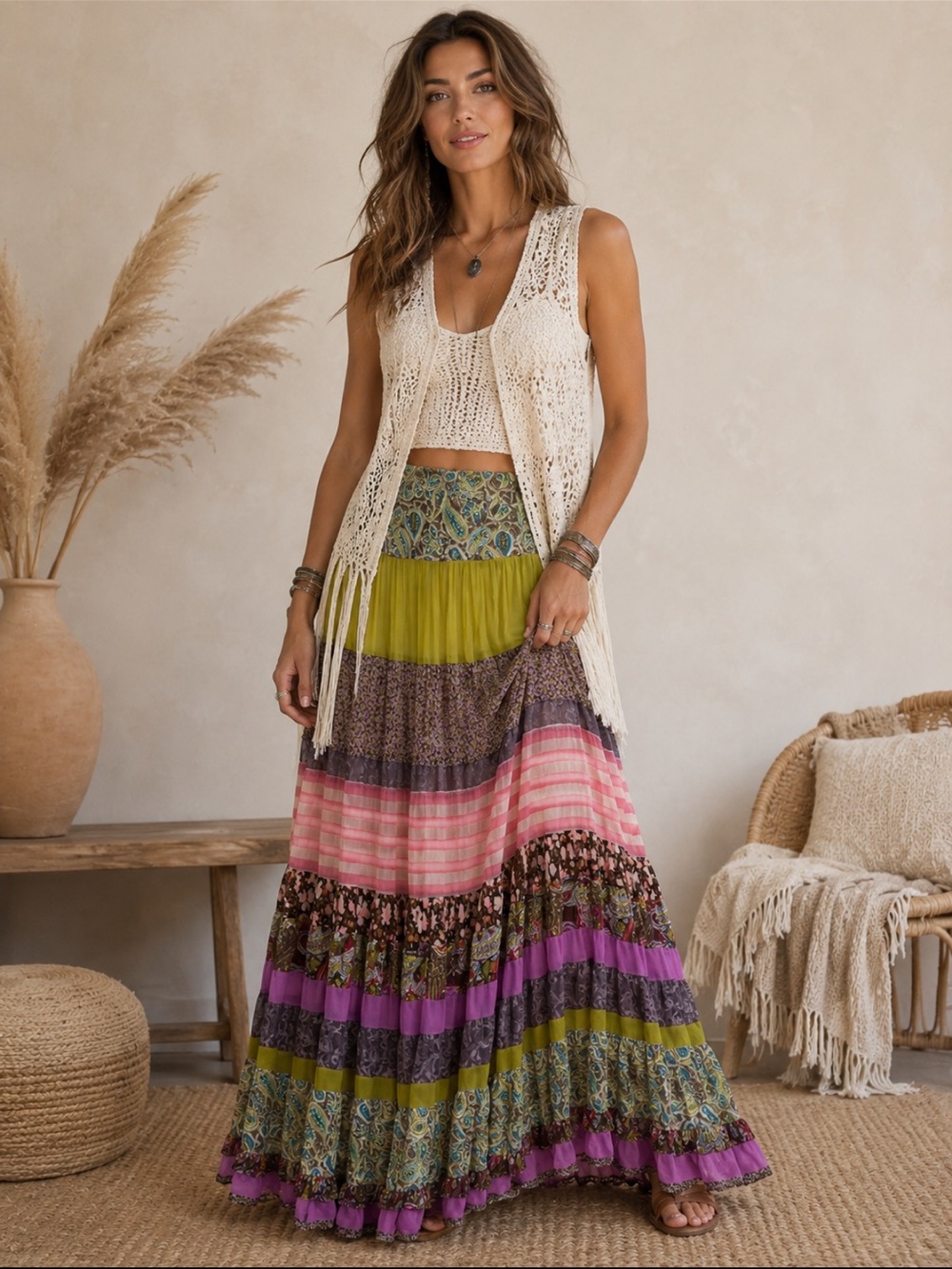 Bohemian Patchwork Tiered Maxi Skirt Stunning Size 2